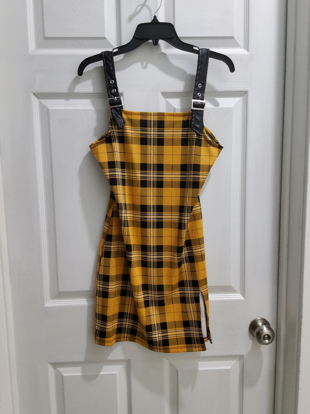 Jrs Yellow Plaid Pinafore Dress with Black Straps
